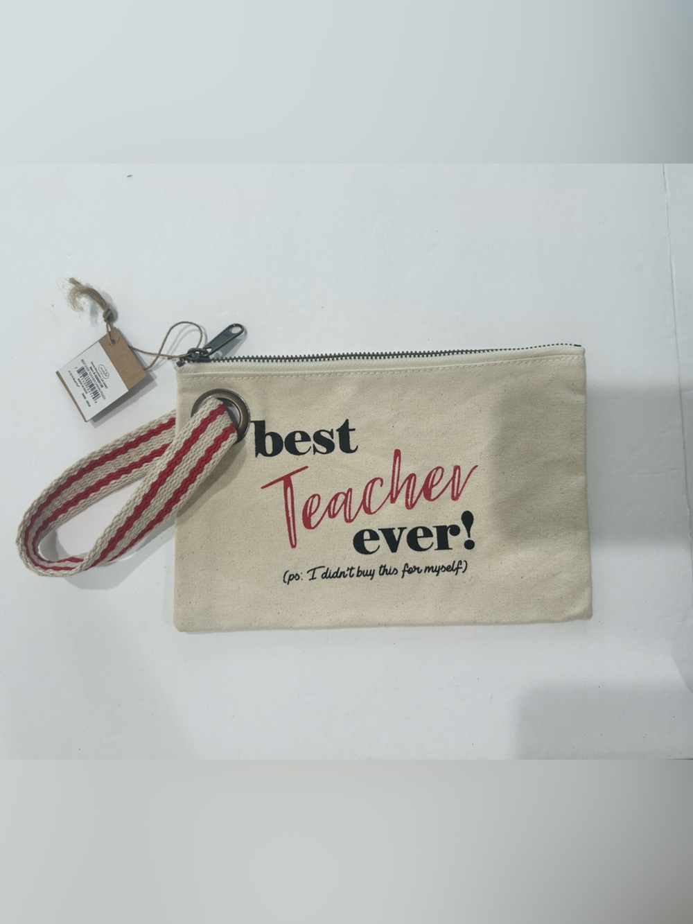 Mud Pie Cream Canvas Wristlet Pouch with Red Accent